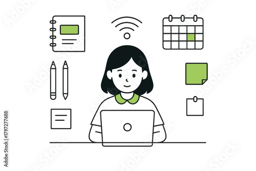 Smiling person working remotely on a laptop surrounded by calendar, notebook, and Wi-Fi icons