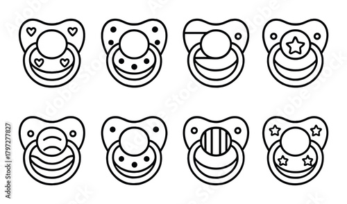 Set of eight unique baby pacifier icons with heart and star designs