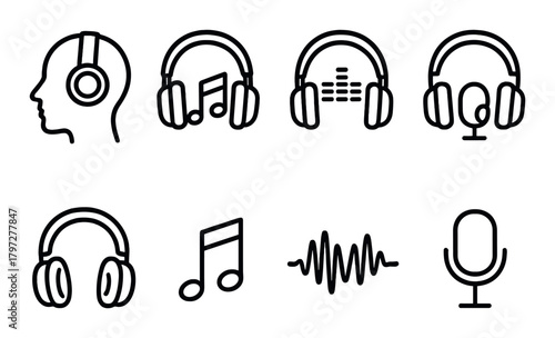 Audio headphones and music icon set on black background
