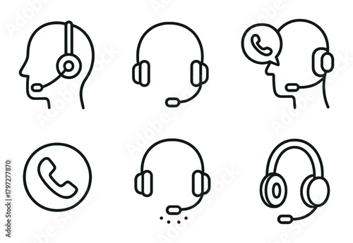 Headset icons set with phone and chat symbol variations
