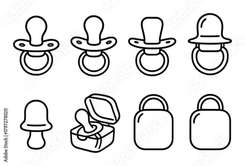 Set of eight baby pacifier icons on dark background