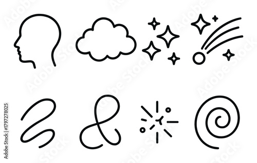 Minimalist icons of human profile, cloud, stars, and abstract shapes on dark background