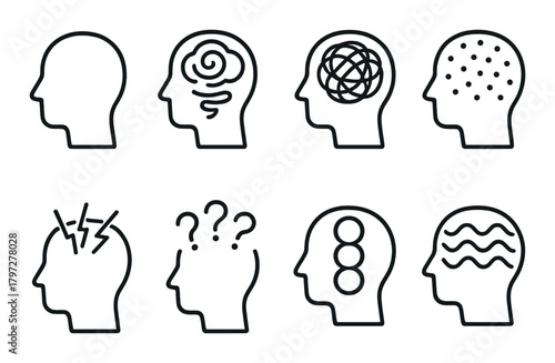 Abstract human heads with symbolic brain patterns representing mental states