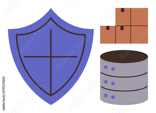Blue shield icon, cylindrical database stack, and cardboard boxes symbolizing digital protection, data storage, supply chain, and logistics. Ideal for security, data management, e-commerce