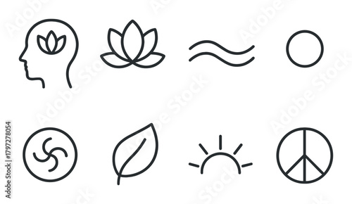 Minimalist wellness icons set featuring peace, sun, and nature symbols
