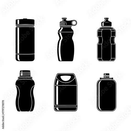 Set of black silhouette icons representing sports water bottles, protein shakers, and gym hydration containers, isolated on white.