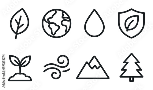 Set of minimalist environmental icons including leaf, globe, water, and tree designs