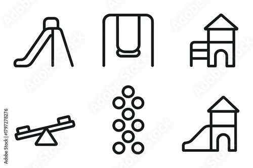 Outline icons of playground equipment including slide, swing, and climbing structures
