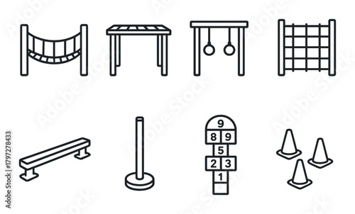 Children's playground equipment icons set: slides, swings, hopscotch, climbing
