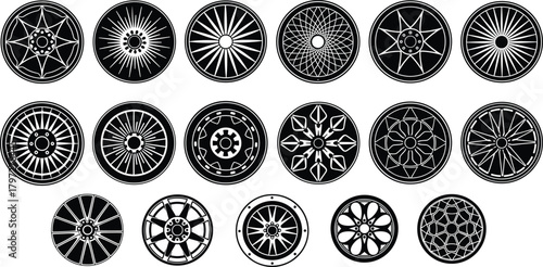 Circular pattern silhouette vector set, black wheel icons, radial design elements, editable clipart bundle, geometric concept, decorative hubcap illustration