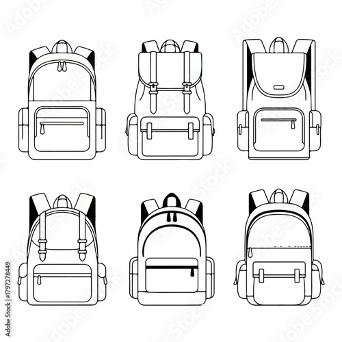 Collection of six vector backpack and rucksack line art icons, illustrating various styles for school, hiking, travel, and daily essentials.