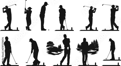 golf, golfer, swing, silhouette, putting, tee, club, course, landscape, sport, stance, motion, athletic, tree, ballgolf, 