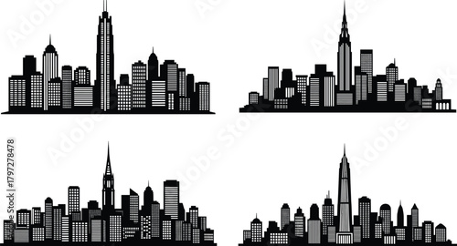 City skyline silhouettes, modern urban buildings, skyscraper panorama, downtown architecture outline, black cityscape vector