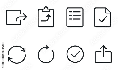Set of eight dark gray user interface icons with arrows and checkmarks