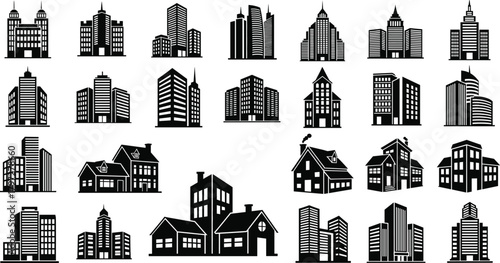 Collection of modern city buildings and residential house vector icons, featuring diverse urban architecture silhouettes for professional design