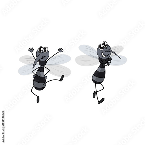 Playful duo of happy cartoon mosquito characters dancing and flying, isolated vector graphics