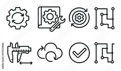 Set of industrial and technical icons featuring gears and tools on dark background