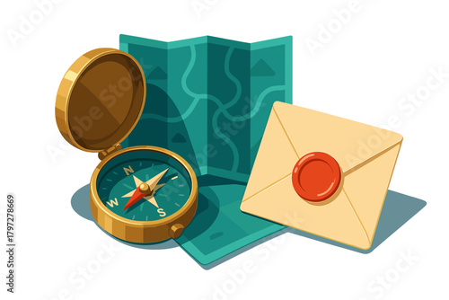Golden compass, folded map, and sealed envelope symbolizing travel and discovery