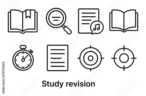 Study revision icons: books, magnifying glass, notes, stopwatch, target