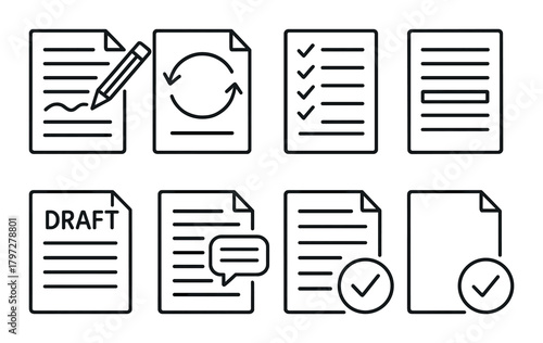 Document management icons set: draft, checklist, update, approval symbols