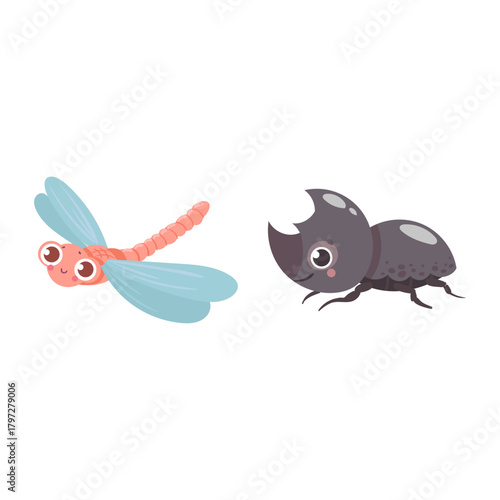 Adorable cartoon dragonfly and beetle insects with cute expressive faces for kids