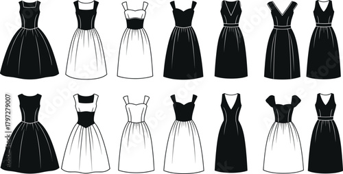 Dress silhouette vector set, vintage and modern fashion designs, black clothing icons, editable clipart bundle, elegant outfit concept illustration