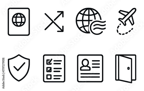 Passport and travel icons: global, flight, id, security, journey essentials
