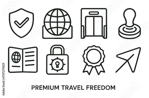 Travel icons: passport, globe, security, badge, airplane, and more elements