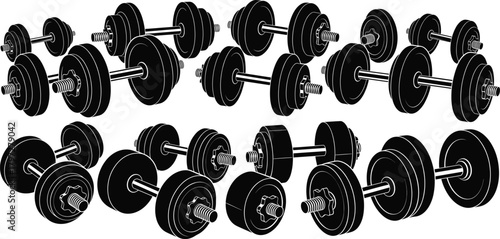 Dumbbell silhouette vector set, black and white gym icons, fitness equipment illustration, workout gear design, strength training graphic elements