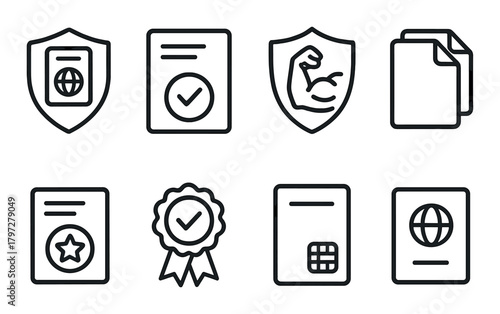 Minimalist icon set featuring documents, shields, and achievements on dark background