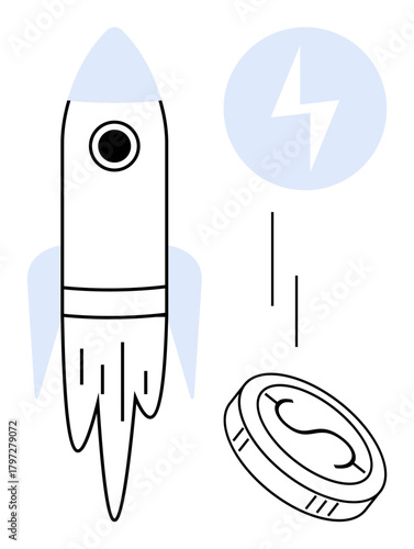 Rocket ascending with a coin and lightning bolt emphasizes success, innovation, and financial growth. Ideal for startup launch, finance, energy, technology, economy, ambition simple flat metaphor