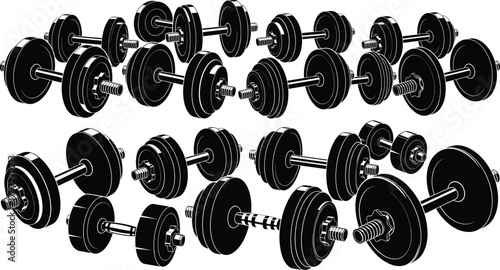 Dumbbell vector silhouette set, black and white gym equipment icons, fitness workout illustration, strength training graphic, bodybuilding gear design elements