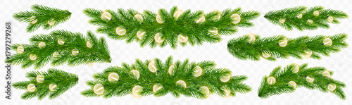 Christmas fir branches with set with garland round electric bulbs. Realistic fir, coniferous branch, spruce twigs with bright Christmas lights. Vector illustration for holiday Xmas, New Year banners