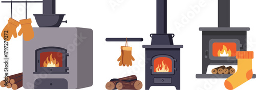 Three cozy stoves with flames and mittens on a white background  