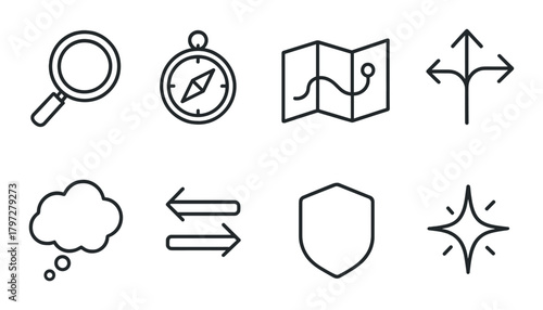 Set of navigation and travel icons including compass and map