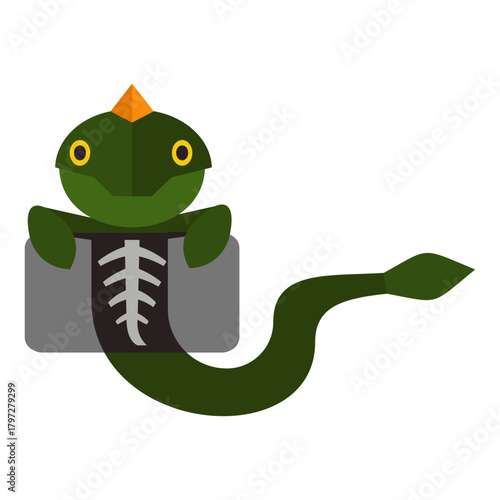 Cute cartoon green reptile undergoing an x-ray scan with a visible skeleton inside the body