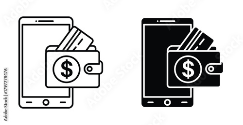 Digital wallet icon. Line with editable stroke and flat for Web