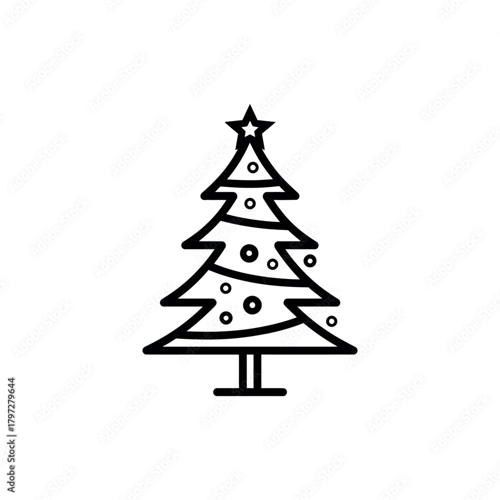 Fototapeta premium Christmas Tree Icon with Star, White Circles, Transparent Background, Outline Style