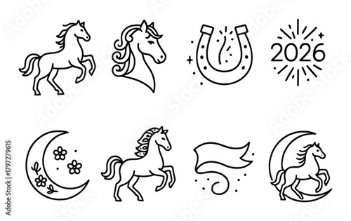 Horse and lunar icons with horseshoe and banner design elements for 2026