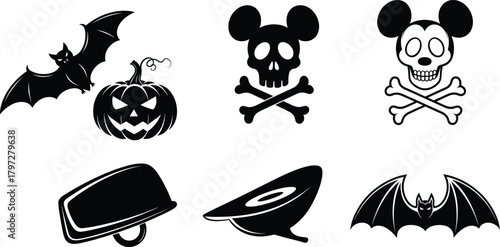 Halloween cartoon vector set, spooky icons and silhouettes, skulls, bats, pumpkin, meat cuts, Mickey-style heads, festive illustration design elements