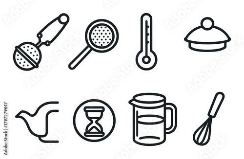 Kitchen tool icons set: thermometer, whisk, strainer, jug, french press