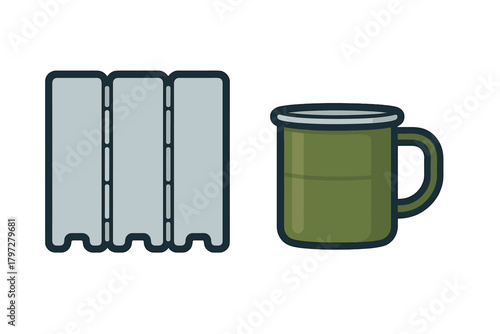 Portable camping stove wind shield and enamel mug for outdoor cooking equipment