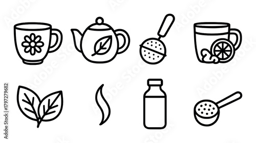 Tea icon set: teapot, cups, leaves, stirrer, bottle, steam