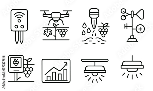 Smart agriculture icons depicting drones, sensors, and weather stations for precision farming