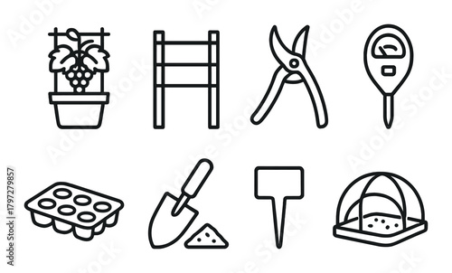 Gardening tools and equipment icons on dark background