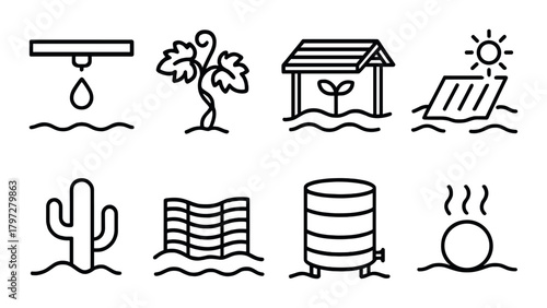 Sustainable farming icons: irrigation, solar energy, greenhouse, desert plants, water conservation