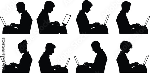 Laptop user silhouette vector set, remote work icons, seated posture designs, black clipart bundle, editable tech concept, digital workspace illustration
