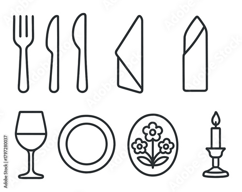 Outline icons of dining utensils and tableware on dark background
