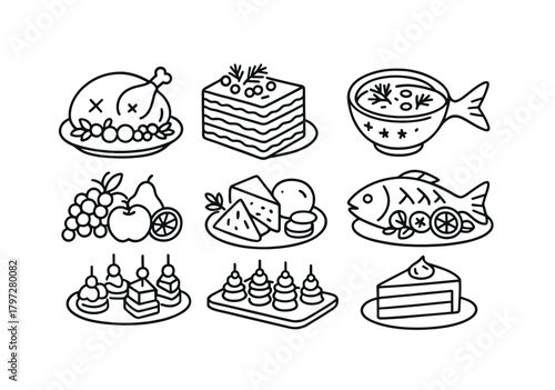 Black and white outline of various food dishes including fish and desserts