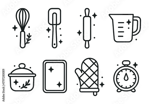 Minimalist kitchen utensils design with whisk, spatula, rolling pin, measuring cup